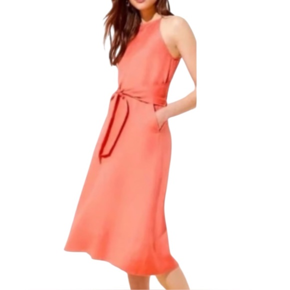 NWT LOFT Petites Coral Linen Blend Midi Dress with Tie Waist and Pockets 18P - Picture 1 of 6